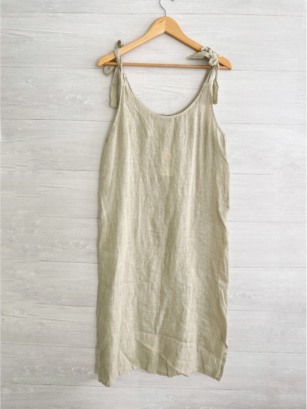 NWT Valentina Naldi 100% Linen Midi Dress M Italy Tie Shoulder Beige Lagenlook